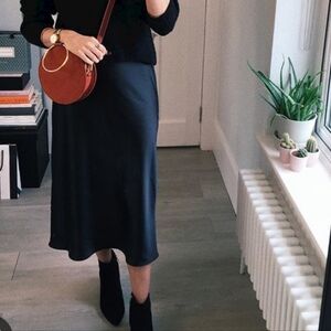 Black satin silk midi skirt